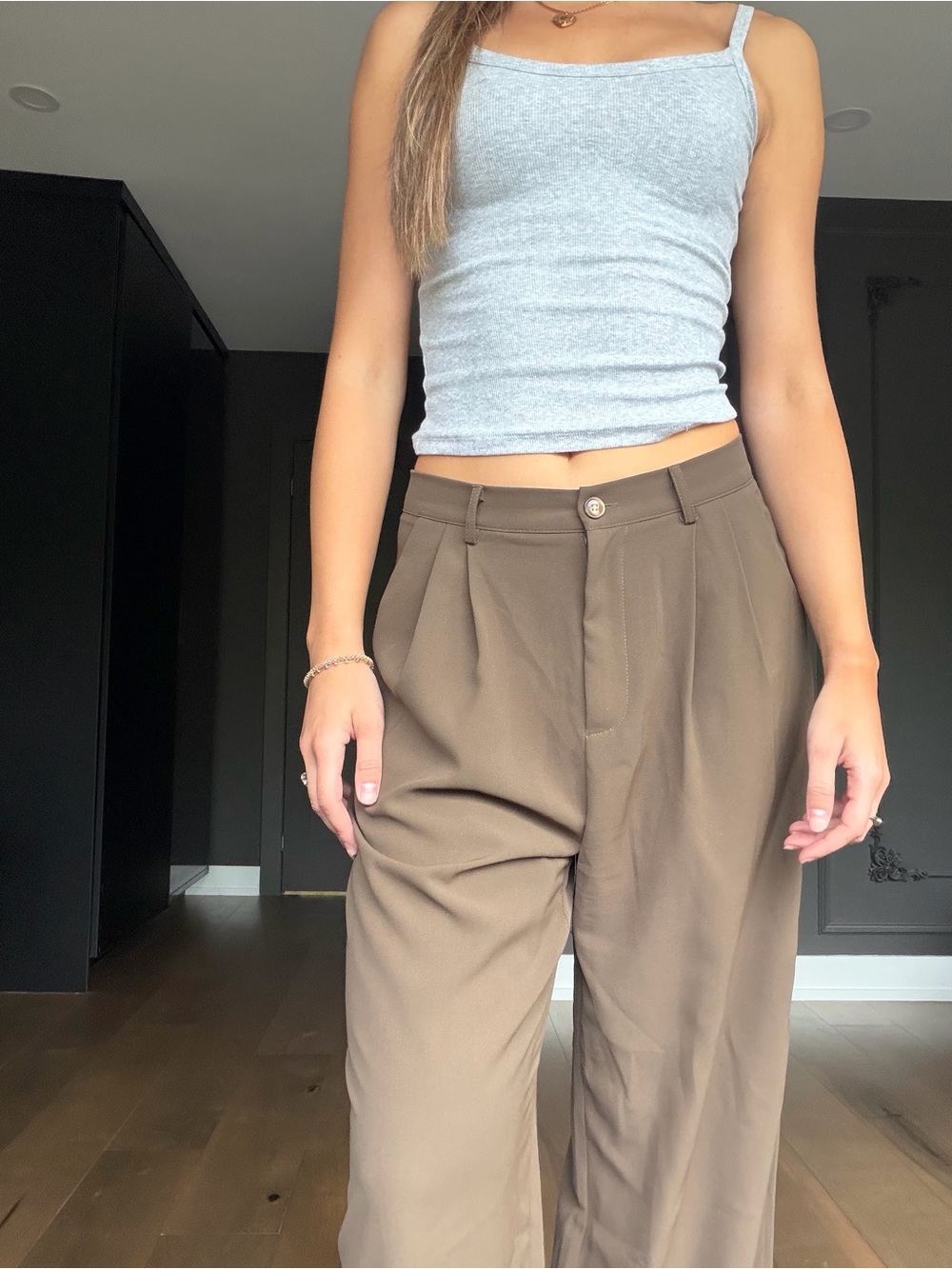 SHEIN Brown High-Waist Wide-Leg Pleated Trousers
